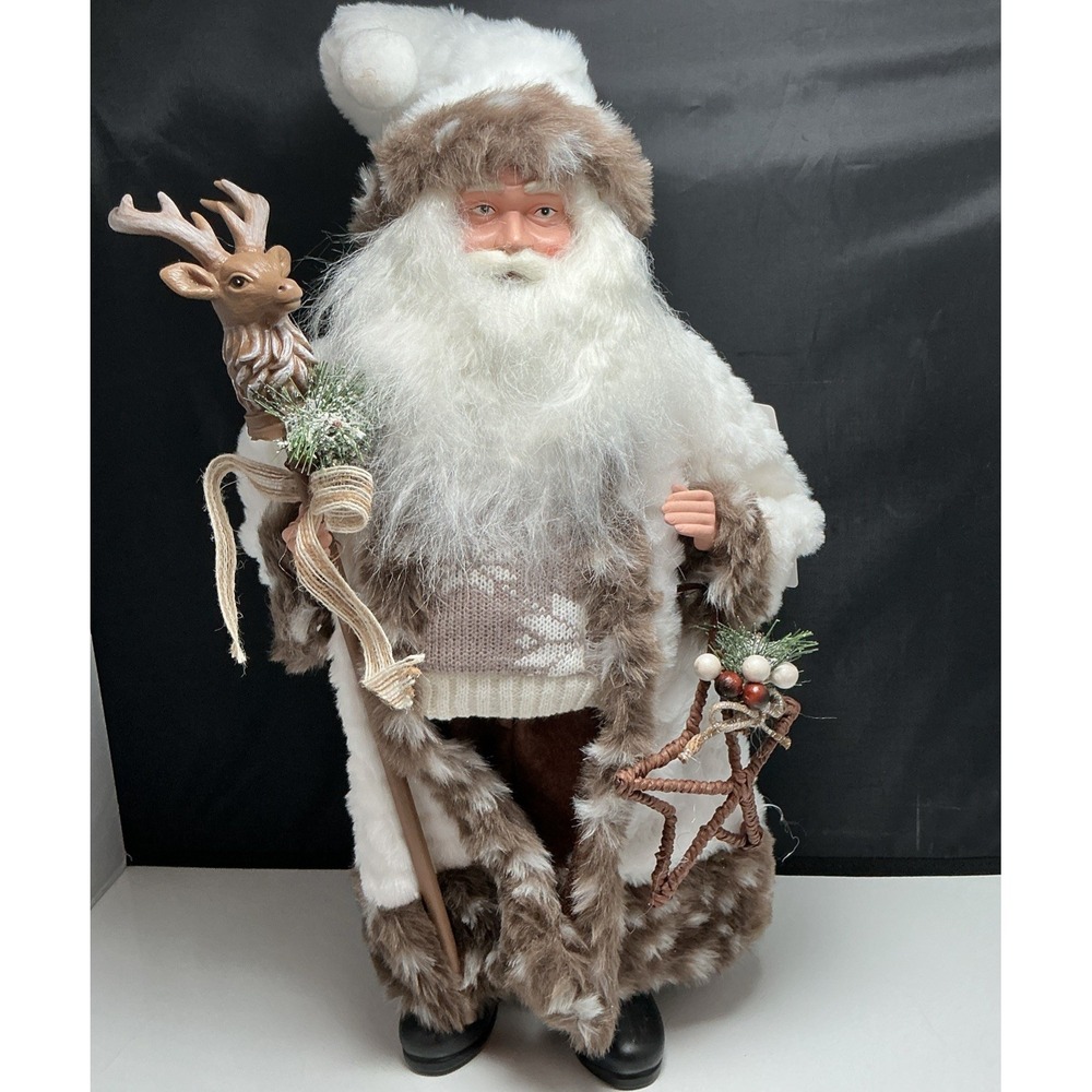 2024 North Pole Trading Co 18" Lodge Santa Figurine Faux Fur Deer Staff W. Tag